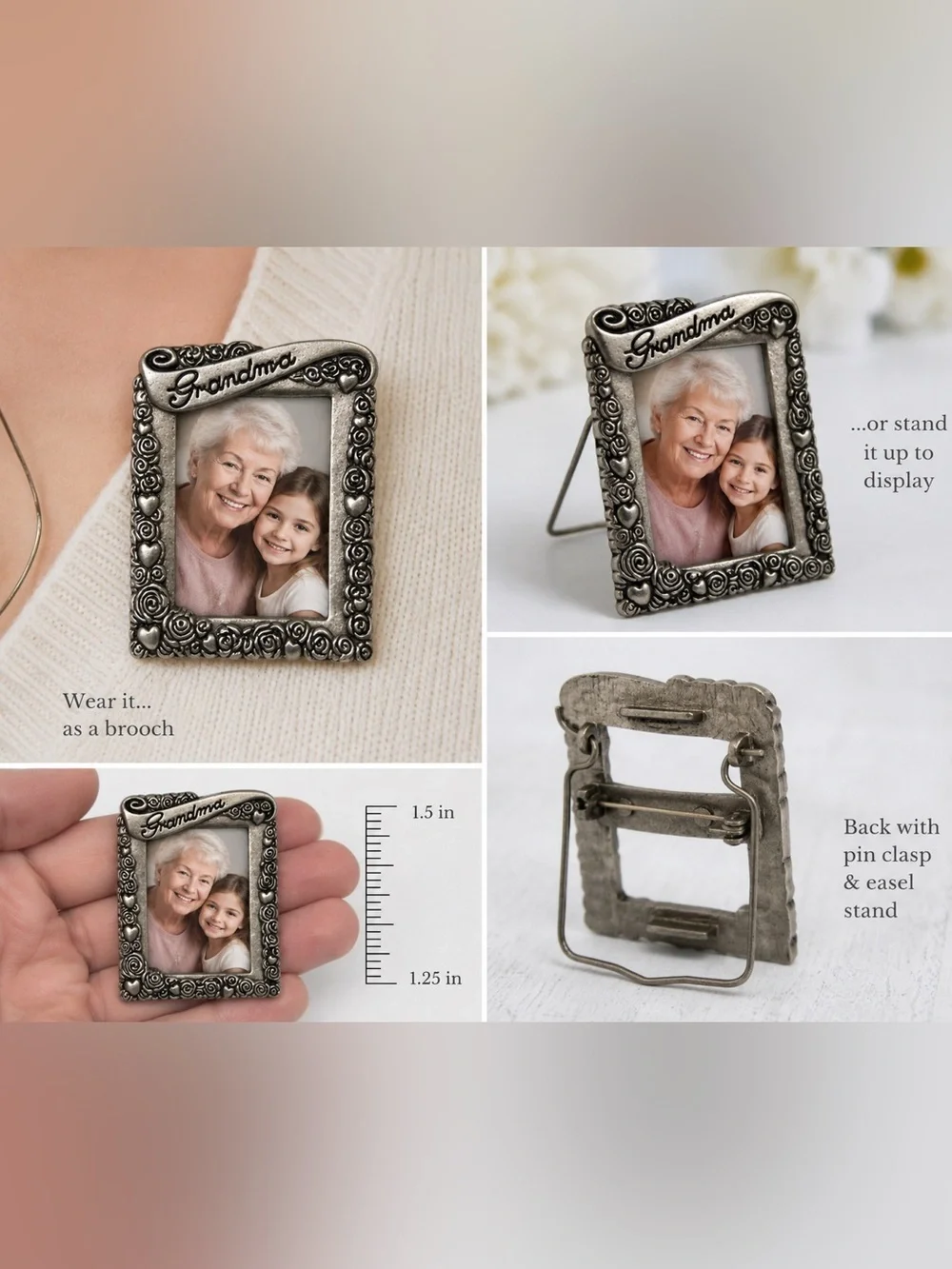 Vintage Grandma Mini Picture Frame Brooch Pin Silver Tone Roses Hearts Gift
